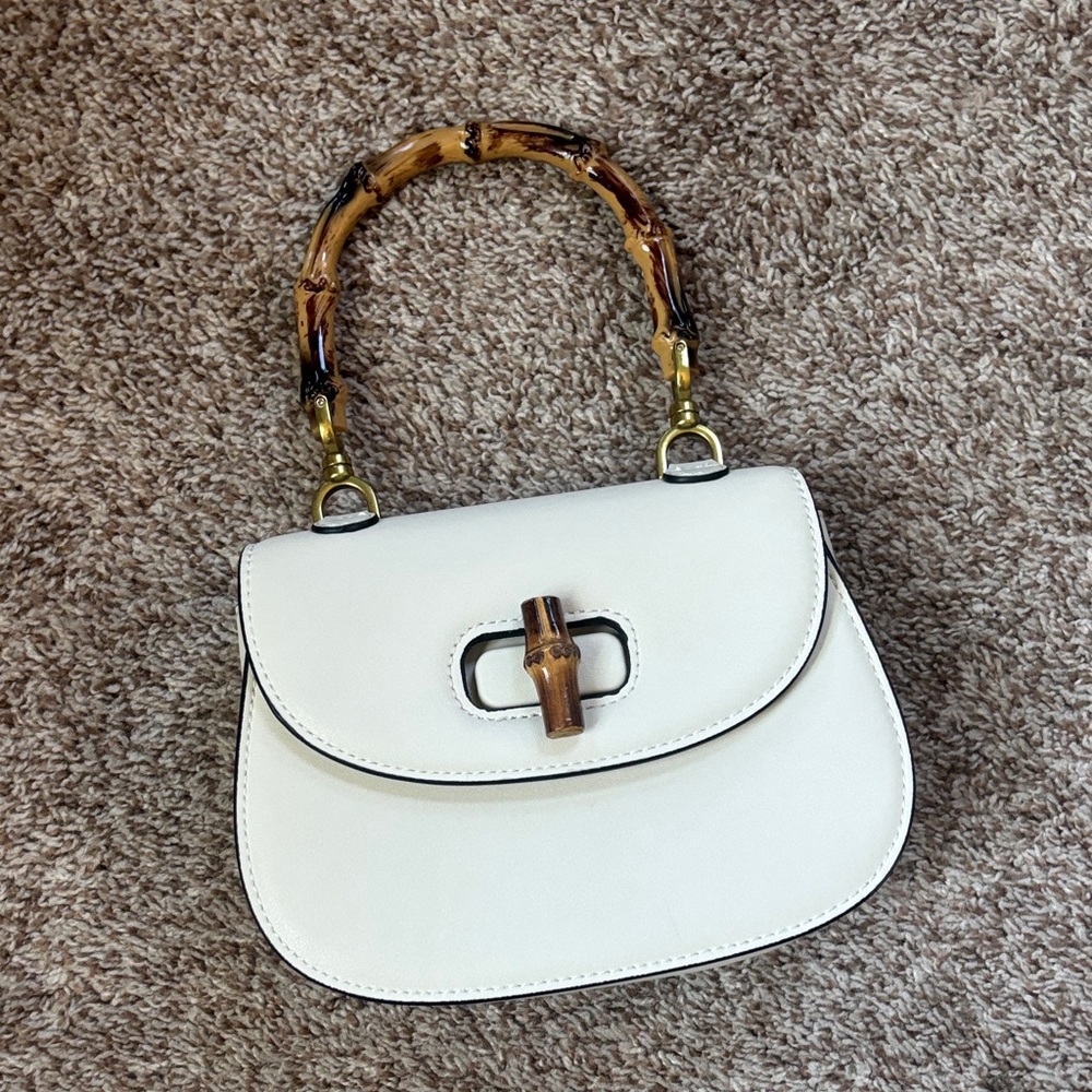 Stylish Cream Shoulder Bag with Bamboo Accents